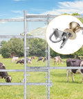 Rear Pipe Track Wheels For Chain Link Sliding Gates Fit Two Inch Gate Frames And One Seven Eighths Inch Track Pipes Durable Galvanized Steel Construction For Rust Resistance And Smooth Stable Gate Movement One Pack in farm setting with cows behind gate.