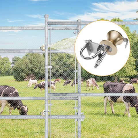 Rear Pipe Track Wheels For Chain Link Sliding Gates Fit Two Inch Gate Frames And One Seven Eighths Inch Track Pipes Durable Galvanized Steel Construction For Rust Resistance And Smooth Stable Gate Movement One Pack in farm setting with cows behind gate.
