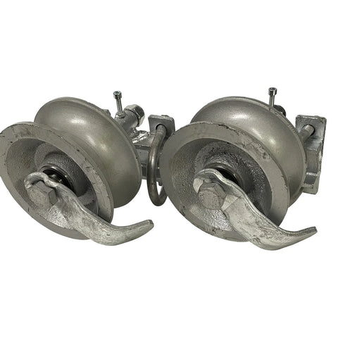 Pair Of Chain Link Sliding Gate Rollers For 1 And 5 Eighths Inch Pipe Track With Double U Bolt And Safety Catch, Machined Steel Wheel