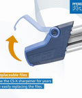 Close-up of 2 in 1 Chainsaw Sharpener file chamber open with replaceable files text, by PFERD CS X 17300.