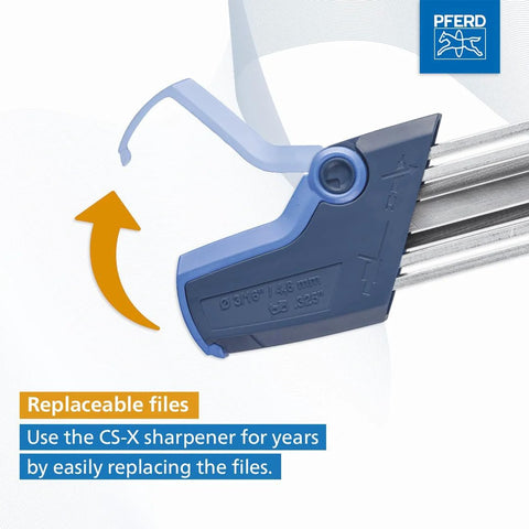 Close-up of 2 in 1 Chainsaw Sharpener file chamber open with replaceable files text, by PFERD CS X 17300.