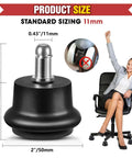 Close-up of Office Chair Caster to Glide Conversion Feet Self Adhesive Felt Pads with size details. Woman sitting for illustration.