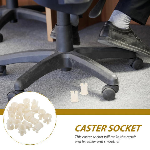 Plastic Caster Socket Sleeves Set Of 20 Universal Wheel Socket Inserts under an office chair wheel for easy mounting and smooth rolling.