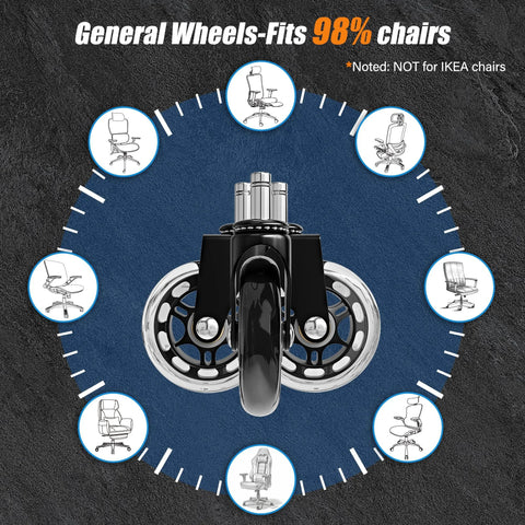Office Chair Caster Wheels Set Of 5 Universal Fit 2.5 Inch Blade Wheels showing compatibility with 98% of chairs