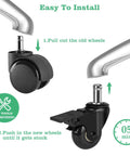 Diagram showing installation of 2 Inch Office Chair Caster Wheels With Brakes Heavy Duty Set Of 5 Replacement Universal Rolling Chair Wheels.