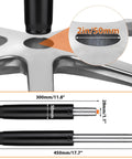 Chair base showing gas lift dimensions 2in/50mm, with detailed measurements for 1.8in and 1.1in sections