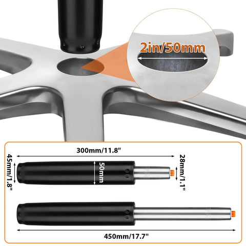 Chair base showing gas lift dimensions 2in/50mm, with detailed measurements for 1.8in and 1.1in sections