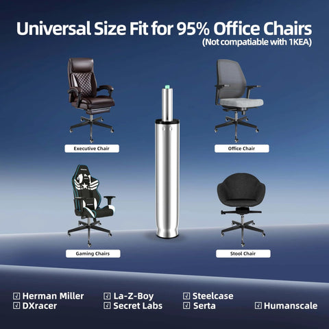 Gas Lift Cylinder Replacement For Office Chairs, 4 Inch Travel, Heavy Duty Class 4 Polished Steel, 450 Lb Capacity, shown with chair options