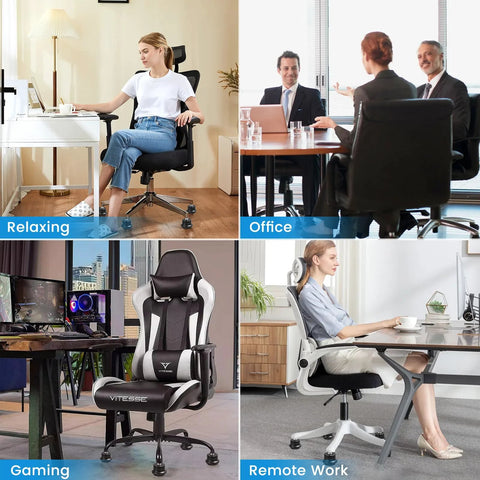 Collage of chairs in different settings showing Chair Wheel Stoppers 5 Pack With Self Adhesive Felt Pads Converts Swivel Casters
