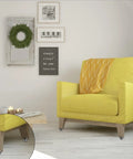 Yellow armchair with 8 Pack Mini Adhesive Caster Wheels 3/4 Inch Self Adhesive Swivel Casters installed on legs, close-up