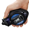 Hand holding Chalk Line Box with ultra-thin 0.5mm line and jam-free performance, durable ABS case, and five-gear retrieval.