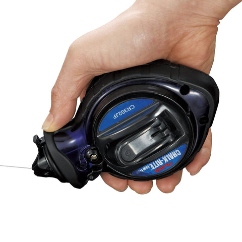 Hand holding Chalk Line Box with ultra-thin 0.5mm line and jam-free performance, durable ABS case, and five-gear retrieval.