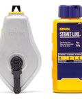Front view of Chalk Line Kit 100Ft Classic Blue Reel With Abrasion Resistant Line In Aluminum Housing next to blue marking chalk bottle