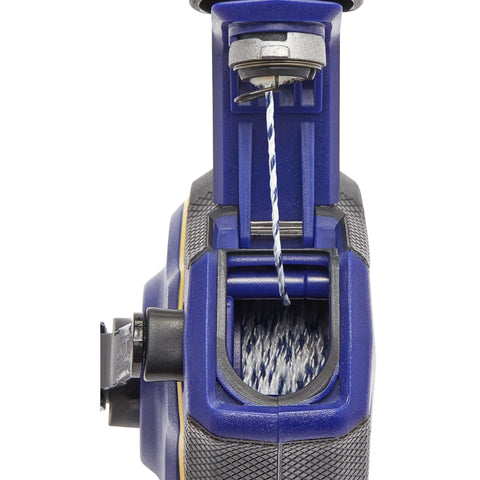 Front view of Speedline Pro Chalk Line Reel with 100 ft hi-tensile line, showing blue housing and ergonomic design for carpentry use.
