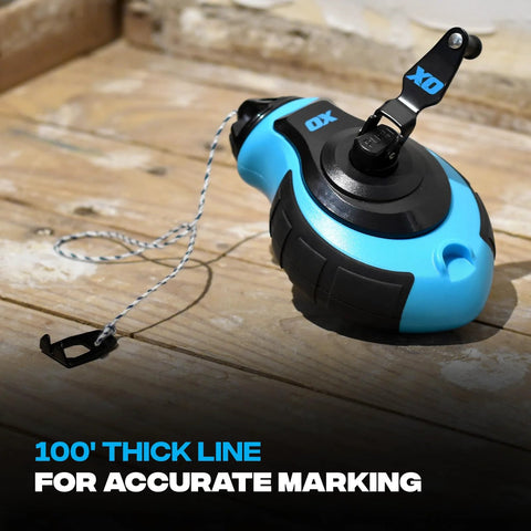 Chalk Line Reel And Blue Chalk Powder Combo Pack For Precision Layouts In Carpentry Masonry And Construction 100 Foot 8 Strand Line With 6 To 1 Gear Rewind Durable Compact Design Ideal For Clean Accurate Marking On All Surfaces