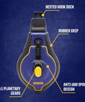 Speedline Pro Chalk Line Reel with 100 ft hi-tensile line; features nested hook dock, rubber grip, 6:1 gears, anti-jam design.