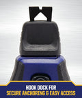 Close-up of Speedline Pro Chalk Line Reel with hook dock, showing secure anchoring feature and durable blue housing.