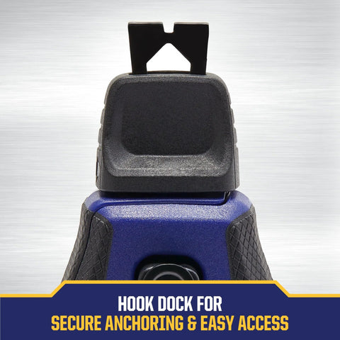 Close-up of Speedline Pro Chalk Line Reel with hook dock, showing secure anchoring feature and durable blue housing.