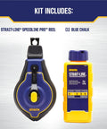 Speedline Pro Chalk Line Reel with 100 ft hi-tensile line and blue chalk bottle for precise layouts