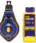 Speedline Pro Chalk Line Reel with 100 ft hi-tensile line and blue marking chalk bottle, front view