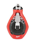 Front view of Milwaukee Chalk Line Reel Set F, featuring a sturdy 100 ft blue line and durable red case for precise layout marks.