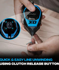 50ft Precision Chalk Line Tool Value Pack with Kevlar Ultra Fine Line, 3:1 Gear shown unwinding with clutch release button