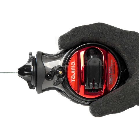 Hand holding Chalk Line Jam Free Special Edition With Extra Bold One Millimeter Line And Five Gear Quick Retrieval tool