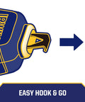 Illustration of compact chalk reel with hook and arrow showing attachment method