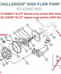 Diagram showing parts of Challenger high flow pump with focus on 3 HP Model P/N 350013, including illustrated components.