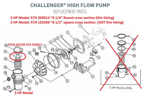 Diagram showing parts of Challenger high flow pump with focus on 3 HP Model P/N 350013, including illustrated components.