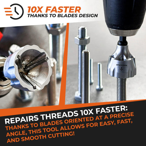 External Chamfer Deburring Tool with Tungsten Carbide Blade for Deburring Metal Threads, showing tool fitted to a drill.