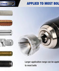 External Chamfer Deburring Tool With YG8 Carbide Blade And Quick Release Hex Shank for burr removal on multiple bolt sizes.