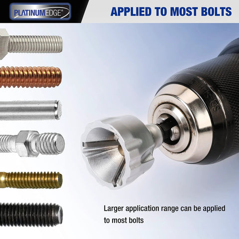 External Chamfer Deburring Tool With YG8 Carbide Blade And Quick Release Hex Shank for burr removal on multiple bolt sizes.