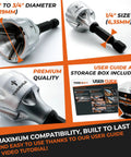 External Chamfer Deburring Tool With Tungsten Carbide Blade features storage box, user guide, and diagrams for threads from 1/8" to 3/4".