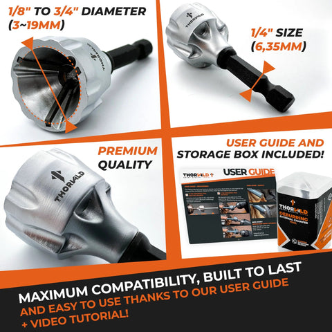External Chamfer Deburring Tool With Tungsten Carbide Blade features storage box, user guide, and diagrams for threads from 1/8" to 3/4".