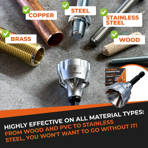 External Chamfer Deburring Tool with Tungsten Carbide Blade shown with metal rods and materials demonstrating its application.