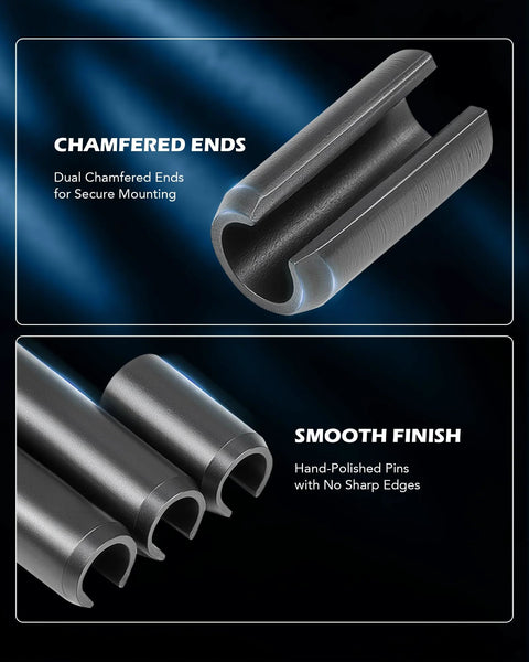 Close-up of chamfered and smooth finish on 400 Piece Roll Pin Set With Slotted Spring Pins M1.5 Through M6 by Zelcan