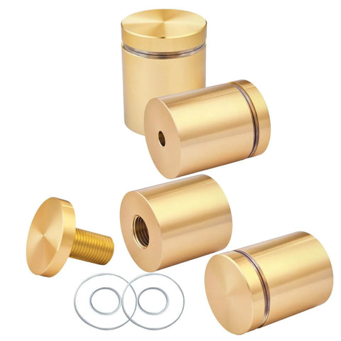 Set Of 12 Aluminum Sign Standoff Screws For Wall Mounting In Champagne Finish 1 Inch By 1 Inch, showing components and rings.