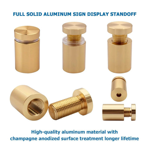 Champagne anodized aluminum solid sign standoff screws set of 4 for five eighths by three quarters inch mounting shown disassembled