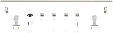 Seventy Eight And Three Quarters Inch Single Roller Round Rod Barn Door Hardware Kit In Champagne Brass Finish Stainless Steel Construction