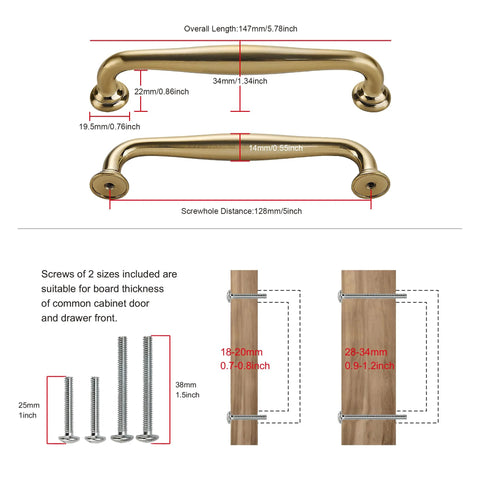 10 Pack 5 Inch Cabinet Handles In Champagne Bronze Finish Zinc Alloy Furniture Hardware Pulls For Kitchen Cabinets Bedroom Dresser Wardrobe 128mm Screw Spacing Durable Easy To Install with detailed dimensions and included screws.