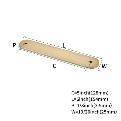 Dimensions of Champagne Bronze Cabinet Backplate for Pull Handles with 128mm center to center hole spacing, 5 inch mounting shown.