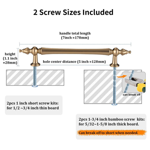 Champagne Bronze Cabinet Handles Set Of 10 With 5 Inch Hole Centers Brushed Champagne Gold Drawer Pulls with screw size options.