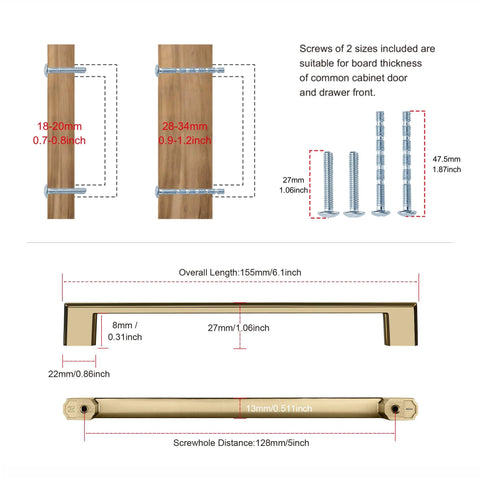 Diagram showing screw sizes and dimensions for Ten Pack Champagne Bronze Cabinet Handles Five Inch Length 128mm Screw Spacing Zinc Alloy Durable Furniture Hardware Pulls For Kitchen And Bedroom Cabinets Easy To Install.