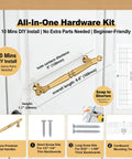 All-in-one hardware kit with 10 Pack 5 Inch Champagne Bronze Cabinet Handles And Drawer Pulls In Brushed Champagne Gold shown with installation instructions.