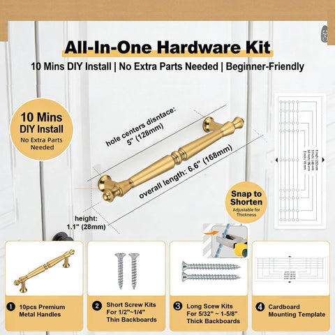 All-in-one hardware kit with 10 Pack 5 Inch Champagne Bronze Cabinet Handles And Drawer Pulls In Brushed Champagne Gold shown with installation instructions.