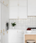 Stylish kitchen with 30 Pack 5 Inch Champagne Bronze Cabinet Handles Modern Square Gold Cabinet Pulls for Cabinets and Drawers installed.