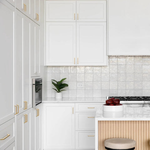 Stylish kitchen with 30 Pack 5 Inch Champagne Bronze Cabinet Handles Modern Square Gold Cabinet Pulls for Cabinets and Drawers installed.