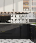 Modern kitchen with black cabinets featuring 25 Pack Champagne Bronze Cabinet Handles Drawer Pulls With 5 Inch Hole Centers And 6.1 Inch Overall Length.