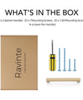 Box contents of Champagne Bronze Cabinet Handles 5 Inch Center to Center Stainless Steel Square Kitchen Drawer Pulls Set of 10 with screwdriver.